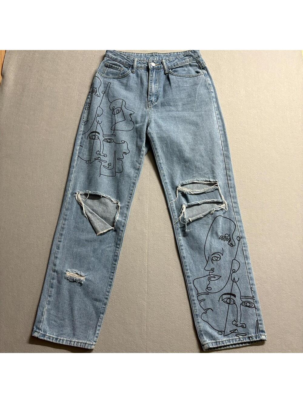 Y2K Distressed Art Face Print Jeans Straight Leg Tag 38 Fits Like 28X29 Skater